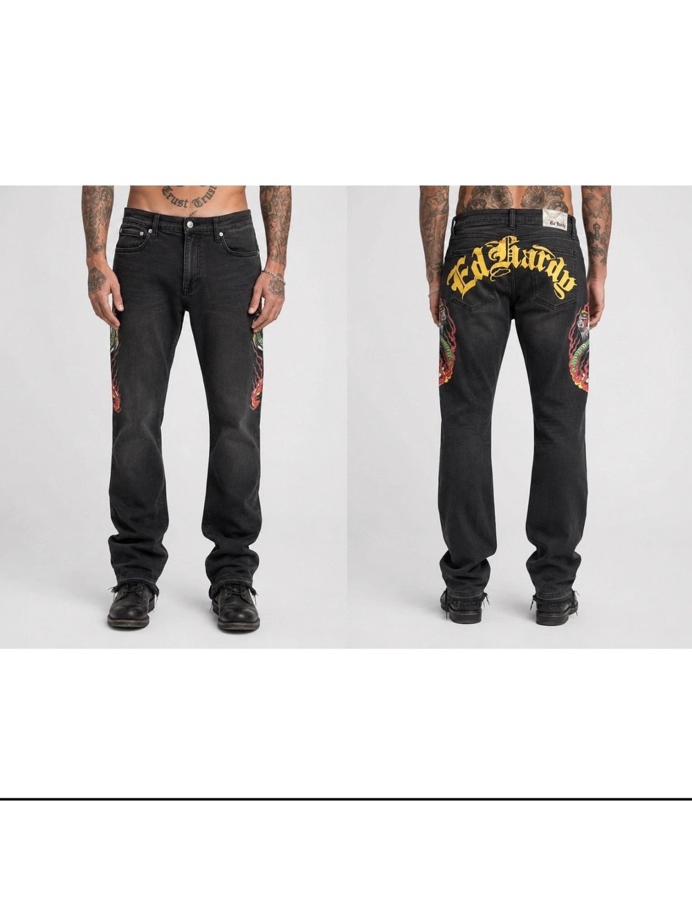 Ed Hardy Men's Black Denim Jeans with Dragon Print and Yellow Logo Size 32